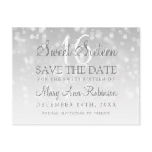 Sweet 16 Save the Date Silver Bokeh Sparkle Lights