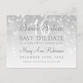 Sweet 16 Save the Date Silver Bokeh Sparkle Lights Ankündigungspostkarte