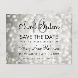 Sweet 16 Save the Date Silver Glitzer Lights Ankündigungspostkarte