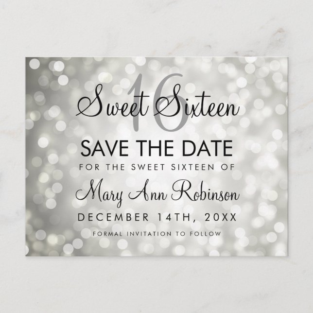Sweet 16 Save the Date Silver Glitzer Lights Ankündigungspostkarte (Vorderseite)