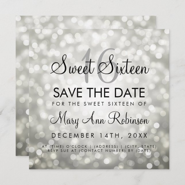 Sweet 16 Save the Date Silver Glitzer Lights Einladung (Vorne/Hinten)