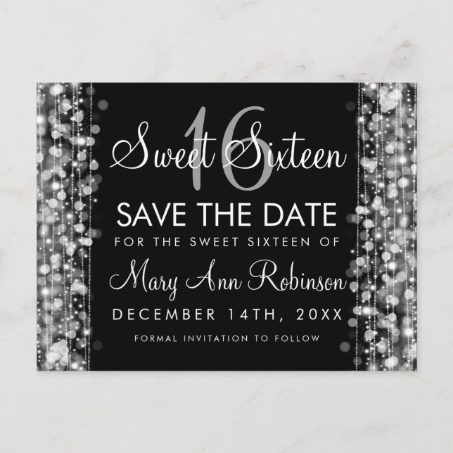 Sweet 16 Save the Date Silver Party Glitzern Ankündigungspostkarte (Vorderseite)