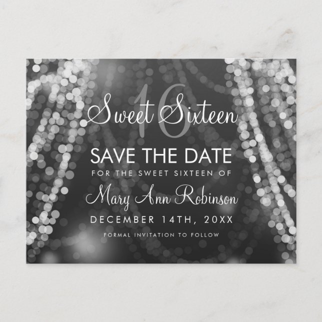 Sweet 16 "Save the Date" Silver String Lights Ankündigungspostkarte (Vorderseite)