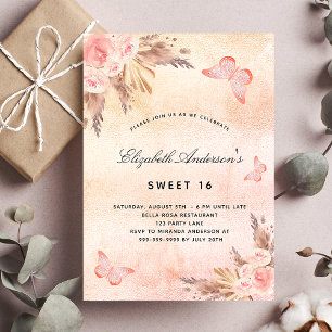 Sweet 16 Schmetterling Pampas Gras Blush Einladung
