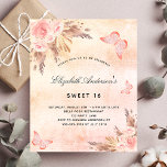 Sweet 16 Schmetterling Pampas Gras Blüte Einladungspostkarte<br><div class="desc">Eine Rose Gold, rot rosa rustikale Imitate metallisch aussehen Hintergrund. Die Einrichtung besteht aus Rose-Gold und rosa Blumen, Rose, Pampas-Gras und Schmetterlingen. Personalisieren und fügen Sie einen Namen und Party-Details hinzu. Tipp: Wenn Sie es nicht so gewollt haben, dass es wie eine Postkarte aussieht, klicken Sie auf Anpassen, gehen Sie...</div>