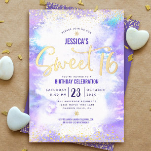 Sweet 16 Schriftzug Purpur Wasserfarbe Glam Echtgo Folieneinladung
