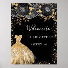 Sweet 16 Schwarz Gold Kleid Blumenempfang Poster