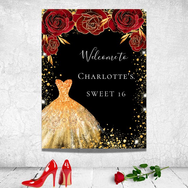 Sweet 16 Schwarz Gold Kleid Rot Blumenempfang Poster (Von Creator hochgeladen)