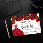 Sweet 16 Schwarz-Gold-Kleidung Blumen Save the Dat Ankündigungspostkarte<br><div class="desc">Eine gmädchenhafte und trendige Save the Date-Karte für eine Sweet 16,  16. Geburtstagsfeier. Schwarzer Hintergrund mit schwarzen Rose,  vergoldeten Glitzer-Imitaten und goldenem Kleid. Personalisieren und fügen Sie Datum und Name/Alter hinzu. Der Text: Save the Date ist mit einem großen angesagten,  handgeschriebenen Stilskript geschrieben.</div>