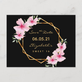 Sweet 16 Schwarz-Gold-Rosa-Florale Save the Date Postkarte