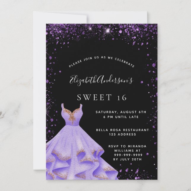 Sweet 16 schwarz lila Glitzer Staubkleid Einladung (Vorderseite)
