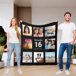 Sweet 16 Schwarz-Silber-Foto Collage Name Fleecedecke
