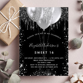 Sweet 16 Schwarz-Silber-Glitzer-Ballons Einladungspostkarte