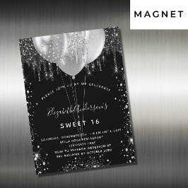 Sweet 16 Schwarz-Silber-Glitzer-Ballons Luxus Magneteinladung