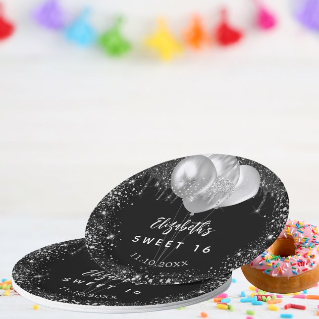 Sweet 16 Schwarz-Silber-Glitzer-Ballons Pappteller (Von Creator hochgeladen)