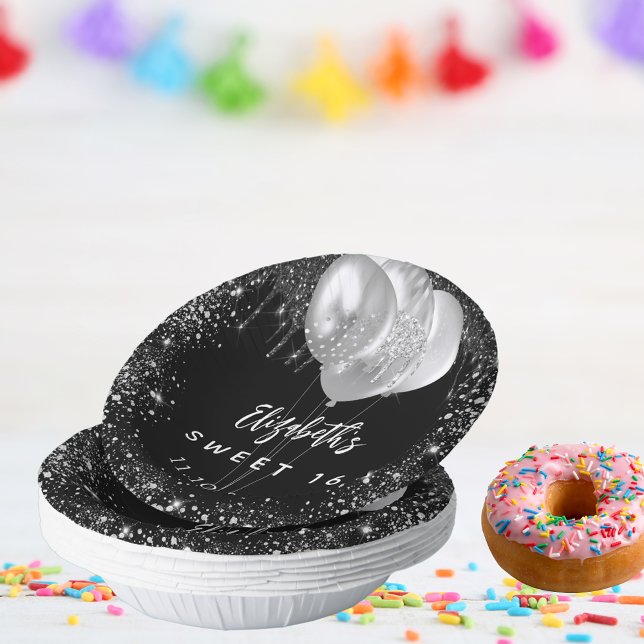 Sweet 16 Schwarz-Silber-Glitzer-Ballons Pappteller (Von Creator hochgeladen)