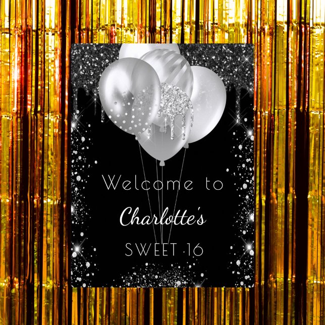 Sweet 16 Schwarz-Silber-Glitzer Begrüßungsballons Poster (Von Creator hochgeladen)