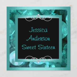 Sweet 16 Schwarze Aquamarine Blasen Metallrahmen P Einladung