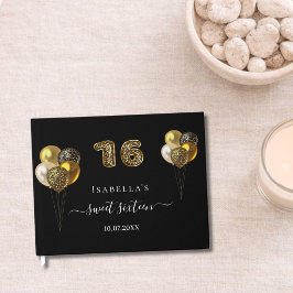 Sweet 16 schwarze Goldleopardruckballons Gästebuch