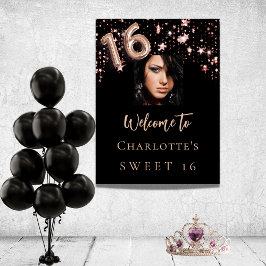 Sweet 16 schwarze Rose Goldstars Foto willkommen Poster