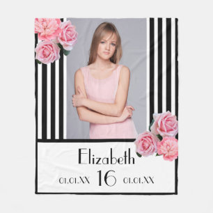 Sweet 16 schwarze Streifen rosa Foto Fleecedecke