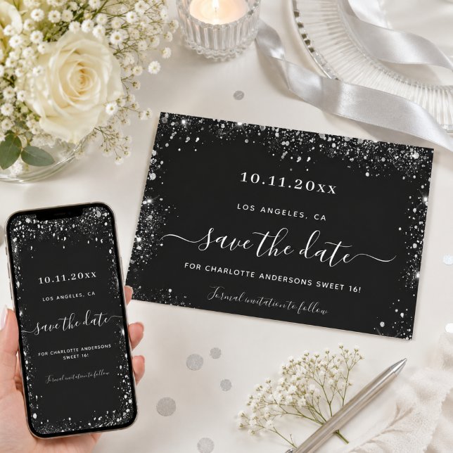 Sweet 16 schwarzer Glitzer Save the Date (Von Creator hochgeladen)