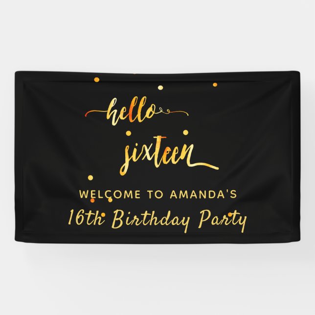 Sweet 16 Schwarzes Gold Banner (Horizontal)
