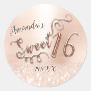 Sweet 16. Script Metallic Glitzer Rose Gold Girly Runder Aufkleber