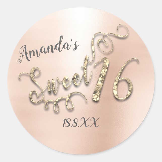 Sweet 16. Script Metallic Round Rose Gold Girly Runder Aufkleber (Vorderseite)