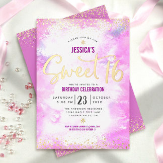 Sweet 16 Script Pink Watercolor Girly Real Gold Folieneinladung