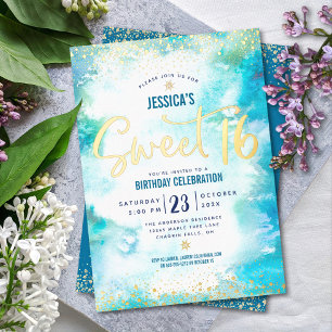 Sweet 16 Script Turquoise Watercolor Real Gold Folieneinladung