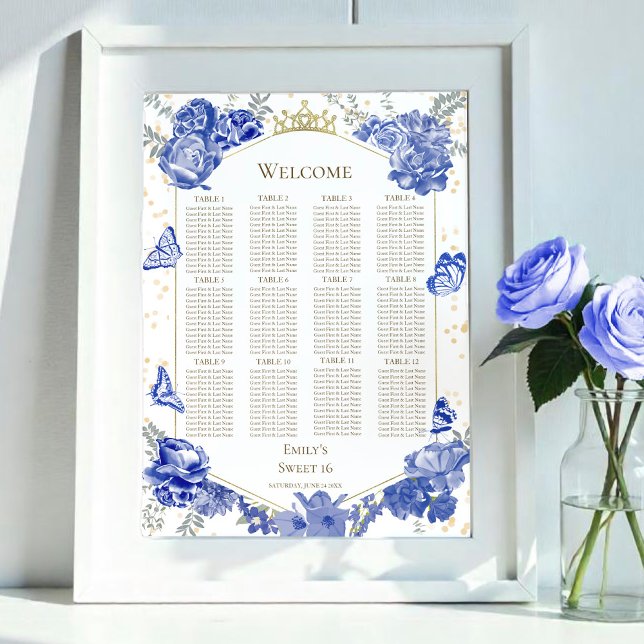 Sweet 16 Seating Chart Signieren Blaue Butterflys Poster (Von Creator hochgeladen)