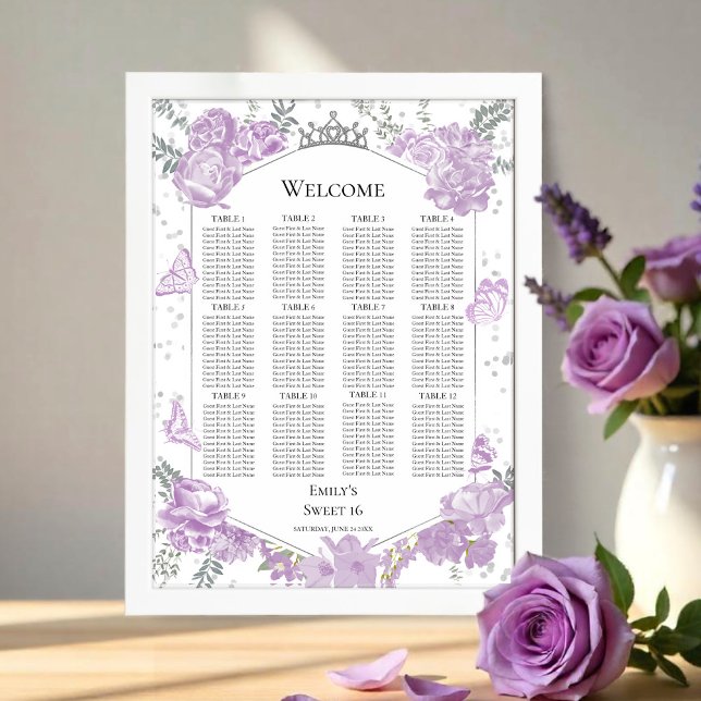 Sweet 16 Seating Chart Signieren Lavendelbutterfly Poster (Von Creator hochgeladen)