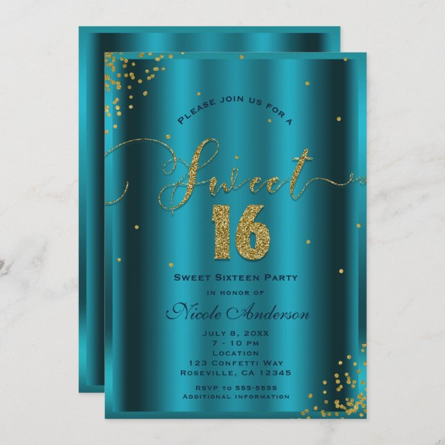 SWEET 16 Sechzehn Aqua Blue & Gold Confetti Ecken Einladung (Vorne/Hinten)