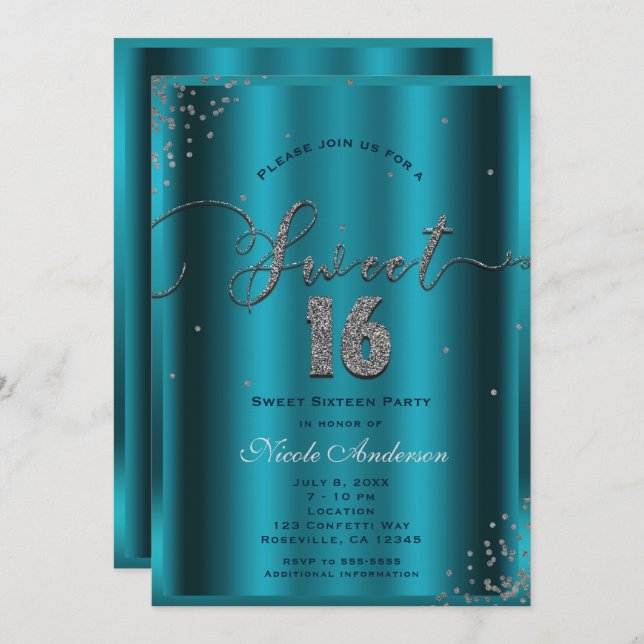 SWEET 16 Sechzehn Aqua Blue Silver Confetti Ecken Einladung (Vorne/Hinten)