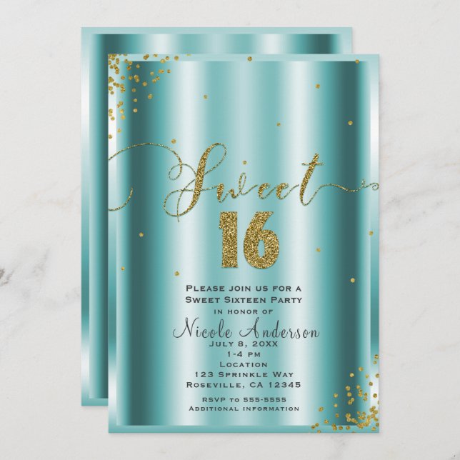 SWEET 16 Sechzehn Aqua & Gold Confetti Ecken Einladung (Vorne/Hinten)