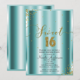 SWEET 16 Sechzehn Aqua & Gold Confetti Ecken Einladung