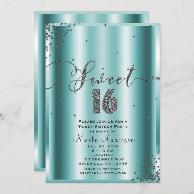 SWEET 16 Sechzehn Aqua & Silver Confetti Ecken Einladung (Vorne/Hinten)