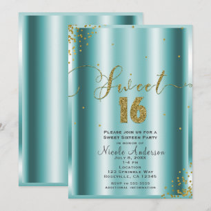 SWEET 16 Sechzehn Aqua- und Goldkonfetti-Ecken Einladung