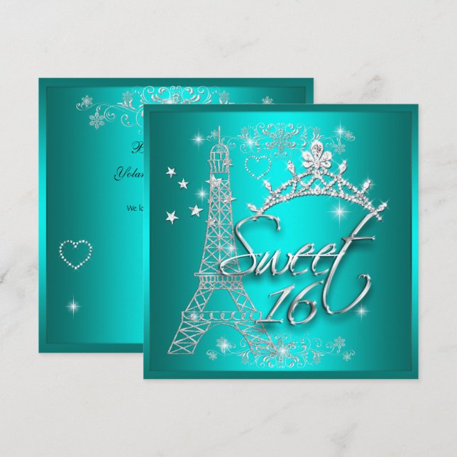 Sweet 16 Sechzehn Aquamariner Tiara Eiffel Tower Einladung (Vorne/Hinten)