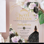 Sweet 16 Sechzehn Black Dress Lilac Floral Gold Acryleinladungen<br><div class="desc">Fügen Sie Ihrem besondere Anlass eine Touch Eleganz mit unseren luxuriösen schwarzen und lila lila Rose floralen Acryl Sweet 16 Birthday Einladungen, mit einem Mädchen in funkelnd schwarzen Kleid, eine goldene Prinzessin Kronen, Schmetterling und raffinierte Goldakzente. Diese Einladungen Set die Bühne für ein unvergessliches Ereignis. Personalisieren Sie Ihre Einladung schnell...</div>