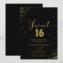 SWEET 16 Sechzehn Black & Gold Confetti Ecken Einladung