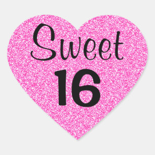 Sweet 16 Sechzehn Black & Hot Pink Glitzer Glitzer Herz-Aufkleber