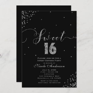 SWEET 16 Sechzehn Black & Silver Confetti Corner Einladung