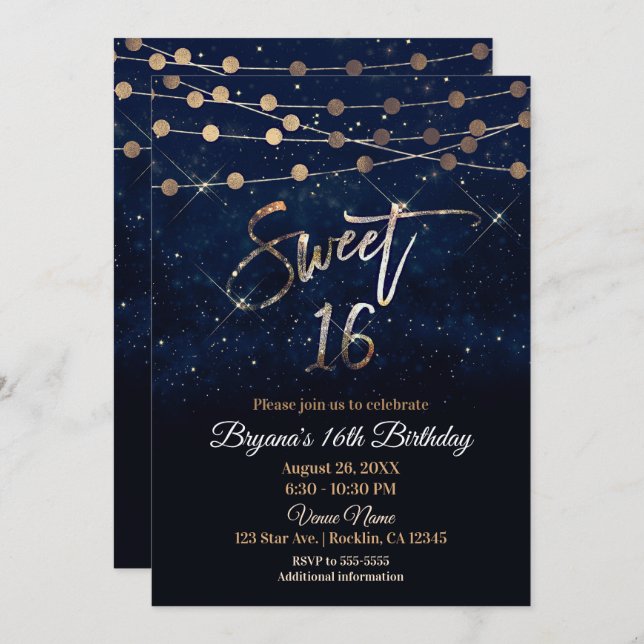 Sweet 16 Sechzehn blaue und goldene Sparkle-Lichte Einladung (Vorne/Hinten)