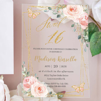 Sweet 16 Sechzehn Blush Pink Floral Schmetterlinge Acryleinladungen