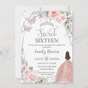 Sweet 16 Sechzehn Blush Pink Floral Silber Geburts Einladung