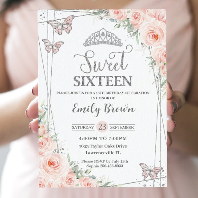 Sweet 16 Sechzehn Blush Pink Floral Silber Geburts Einladung (Von Creator hochgeladen)