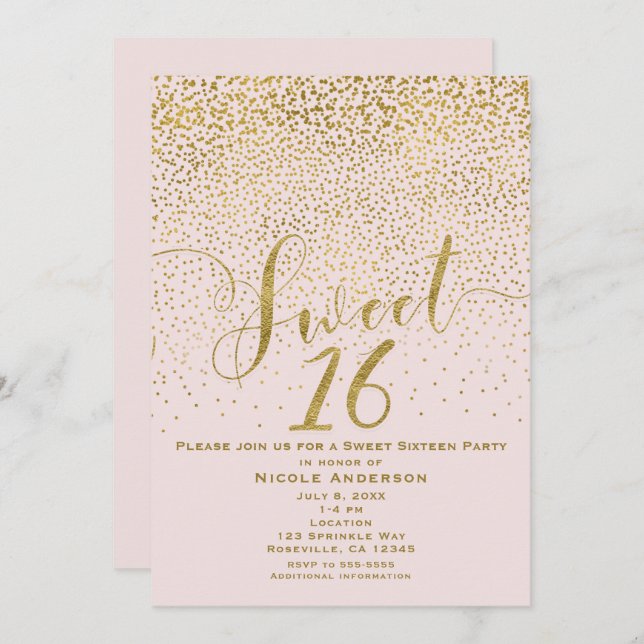 SWEET 16 Sechzehn Blush Pink & Gold Confetti Einladung (Vorne/Hinten)