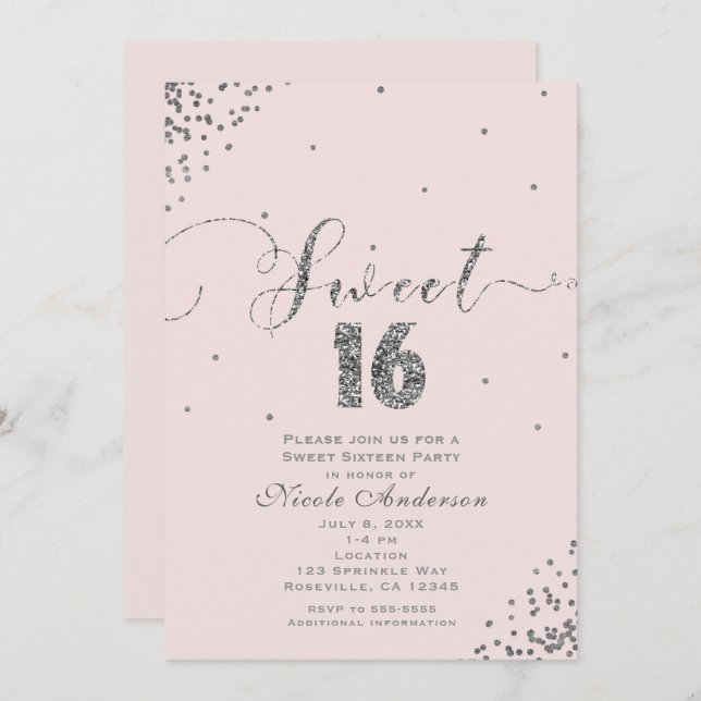 SWEET 16 Sechzehn Blush Pink Silver Confetti Ecke Einladung (Vorne/Hinten)